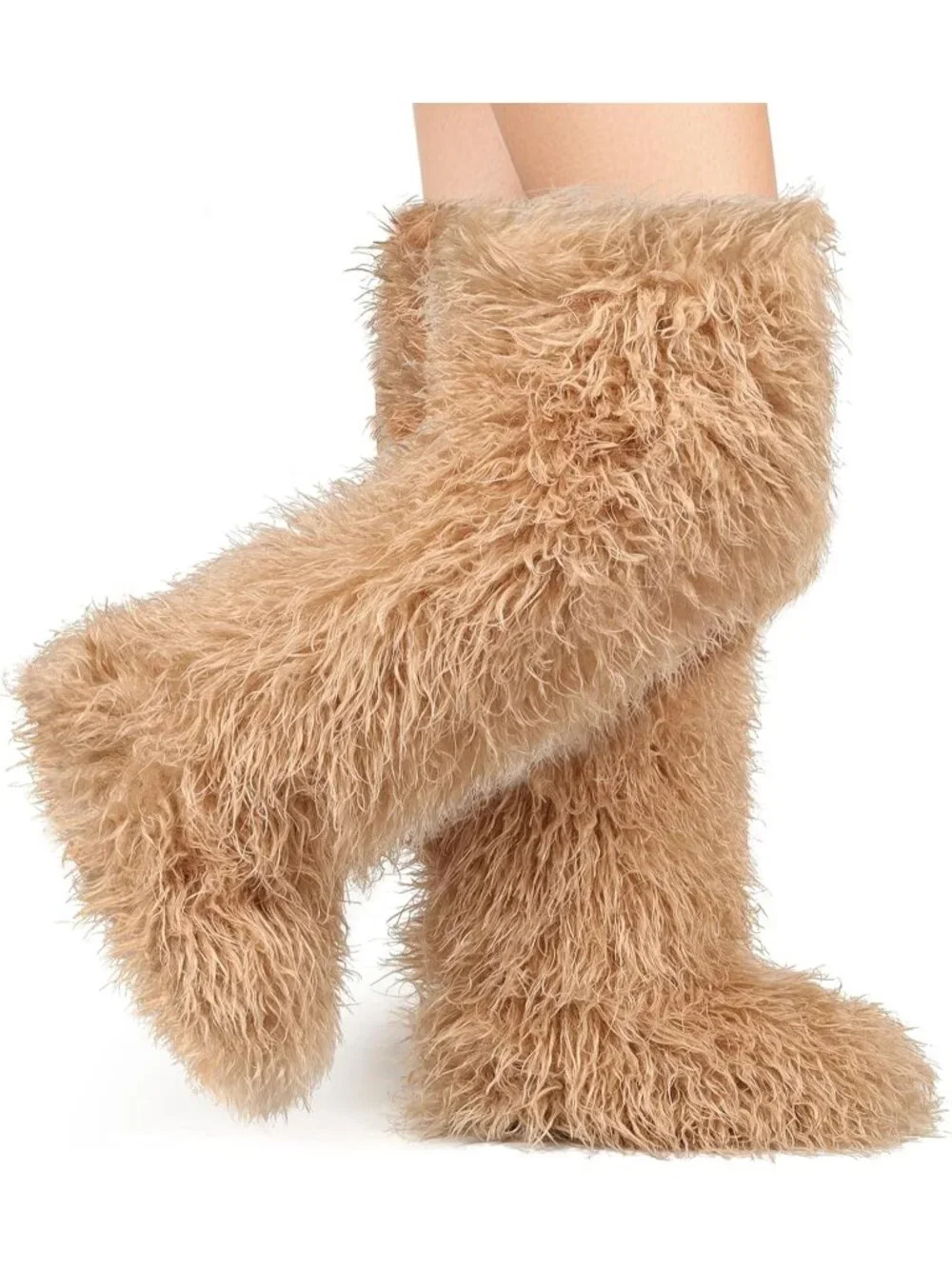 Women's Khaki Shaggy Faux Furry Fuzzy Fluffy Flat Knee-High Slouchy Snow Boot